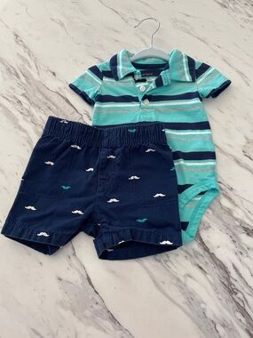 Carter’s Striped Polo Bodysuit & Navy Mustache Shorts Set